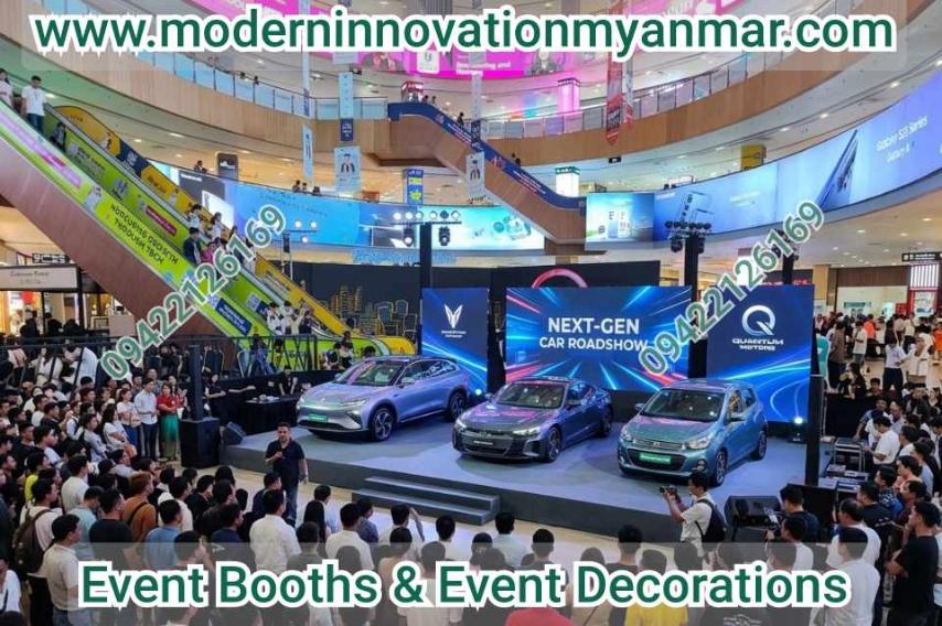 Stage, Lighting, Backdrop, Photo Booth, Flooring Table, Chairs, Event Decorations Myanmar